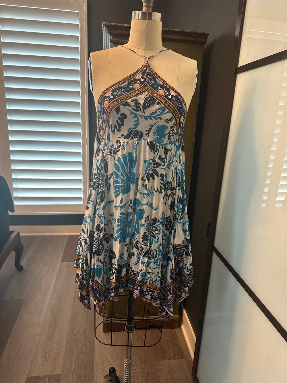 Free People Blue and White Floral Halter Mini Dress comes with free people bag